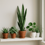 A collection of low-maintenance indoor plants ideal for small apartments on a sunny shelf