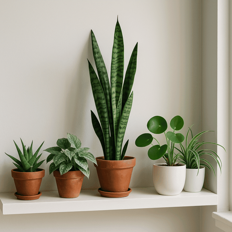 A collection of low-maintenance indoor plants ideal for small apartments on a sunny shelf
