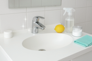 Bathroom sink and countertop cleaned using natural cleaning solutions, with a sparkling faucet and spotless mirror