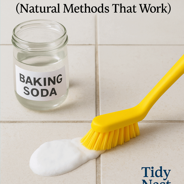 Natural DIY grout cleaner using baking soda and vinegar with a brush on tile