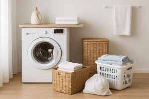 Clean laundry in baskets and mesh bags in a bright, organized laundry room