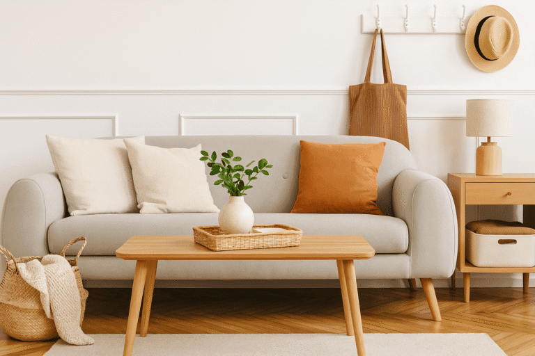 Organized and clutter-free living room using baskets, bins, and hooks