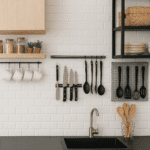 Clever space-saving solutions for small kitchens using hooks, shelves, and organizers