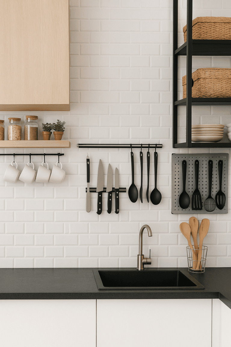 Clever space-saving solutions for small kitchens using hooks, shelves, and organizers